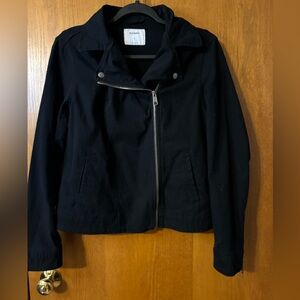Old Navy black jacket. Short waist  cross zip collar cotton/spandex size M
